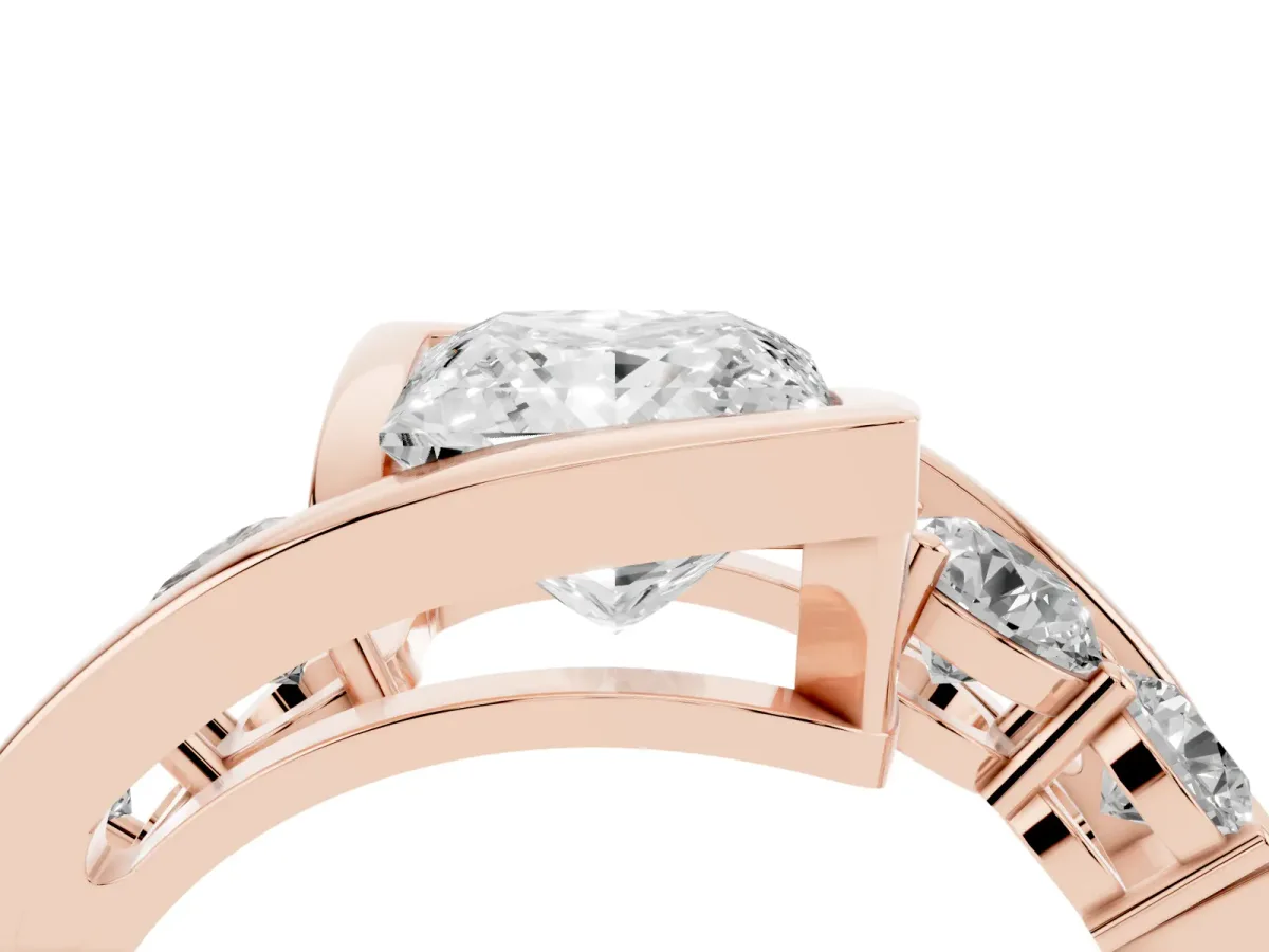 Bezel Set Princess Cut Diamond Bypass Ring with Round Accents Rose gold