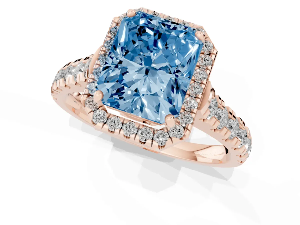 Fancy Blue Radiant Cut Halo Pavé Diamond Engagement Ring with Four-Prong Setting Rose gold