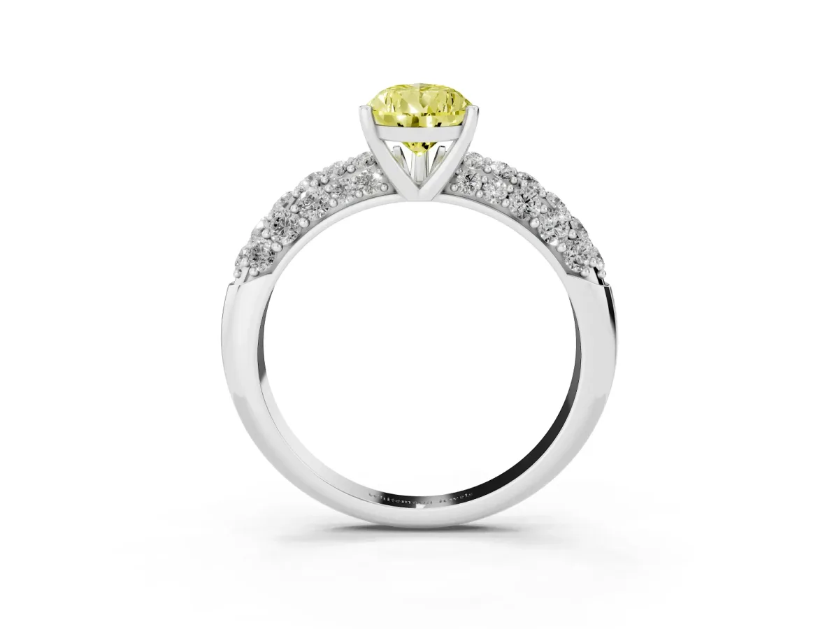Fancy Yellow Pear Cut Diamond Pavé Band Solitaire Ring with Four-Prong Setting White gold