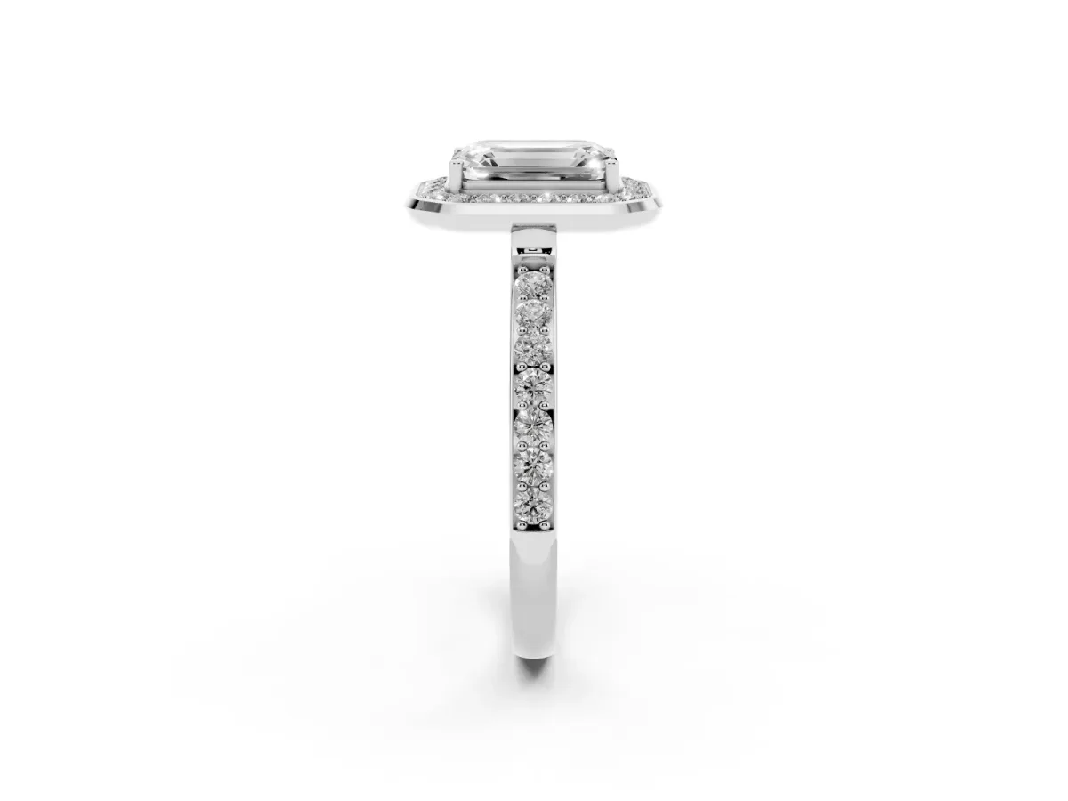 Emerald Cut Diamond Halo Ring with Bezel Frame and Pavé Band Platinum