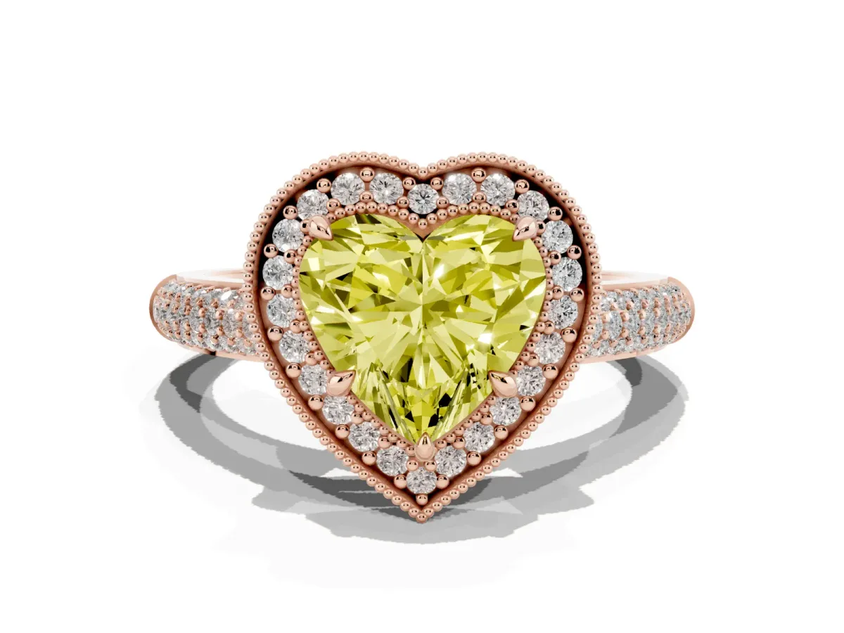 Fancy Yellow Heart Cut Cut Halo Diamond Pave Band with Four-Prong Setting Rose gold