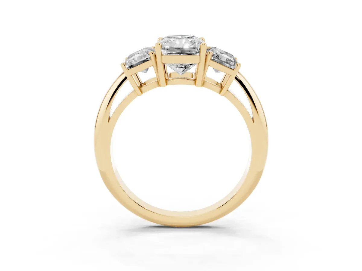 Three-Stone Radiant Cut Cut Diamond Engagement Ring with Prong Setting on a White Gold Band Yellow gold
