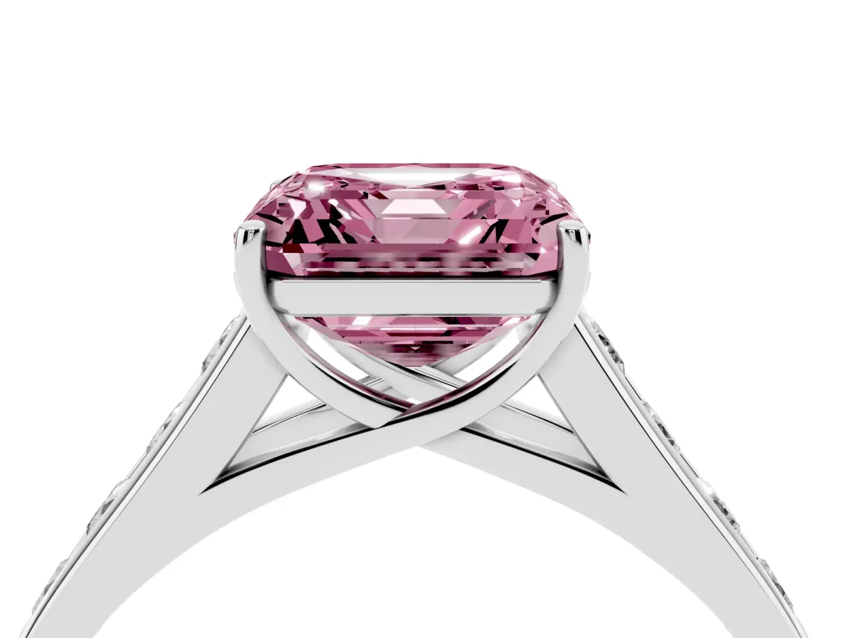 Fancy Pink Asscher Cut Solitaire Channel-Set Diamond Engagement Ring with Four-Prong Setting Silver