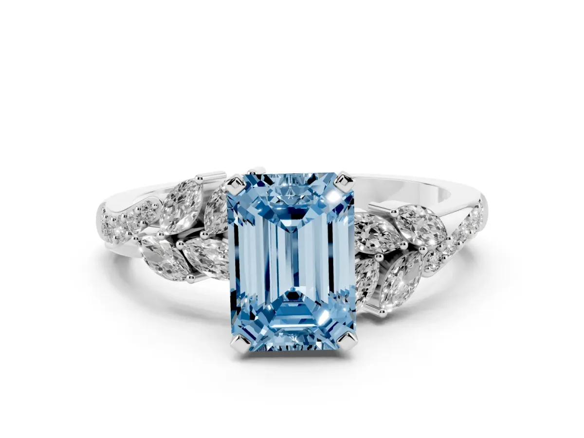 Fancy Blue Emerald Cut Solitaire Marquise Twist Band with Six-Prong Setting Silver