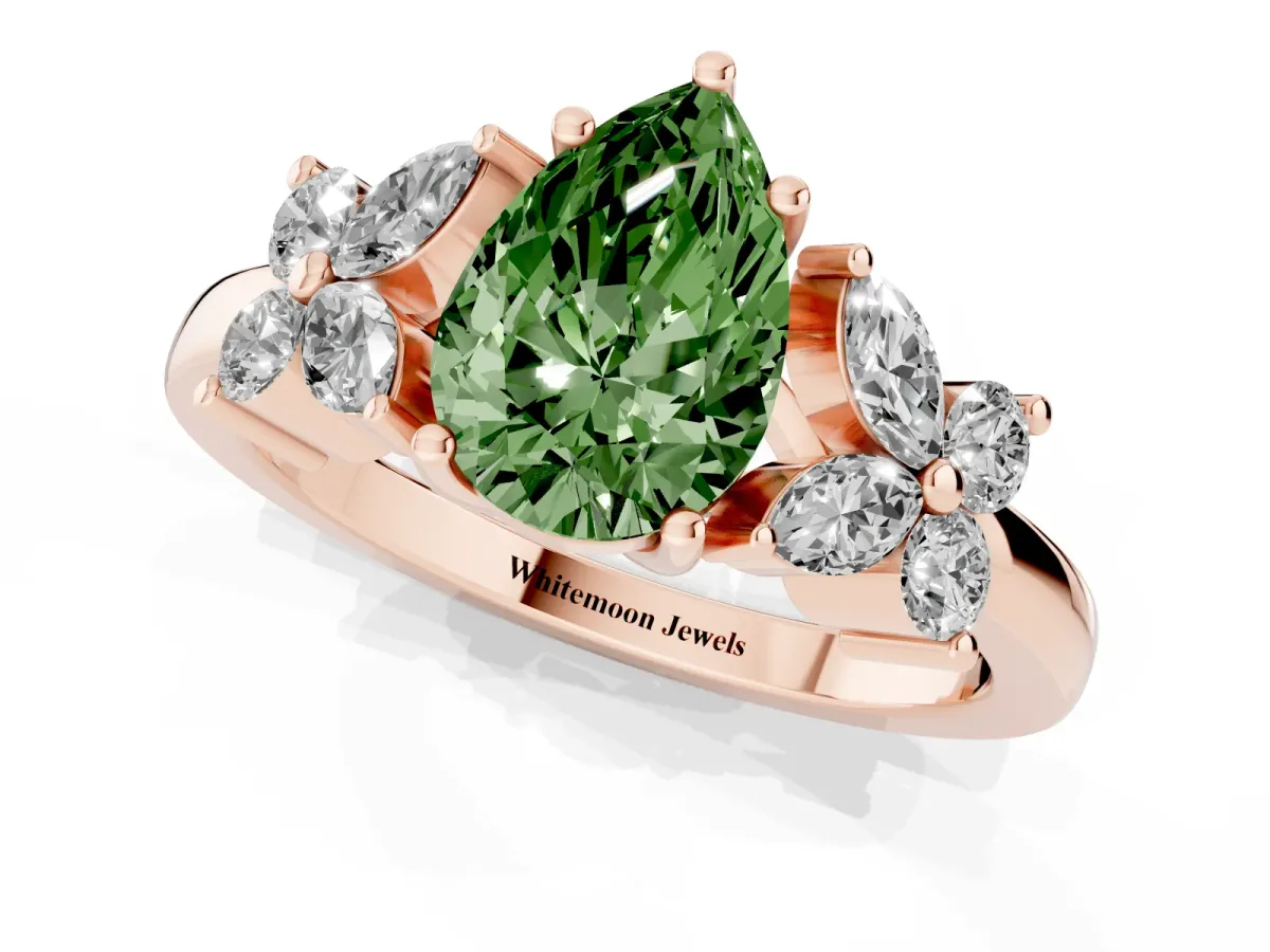 Fancy Green Pear Cut Diamond Floral Cluster Ring with Solitaire Band and Prong Setting Rose gold