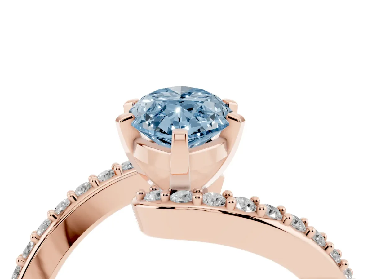Fancy Blue Marquise Cut Solitaire Twist Band with Pave Set Diamonds and Four-Prong Setting Rose gold