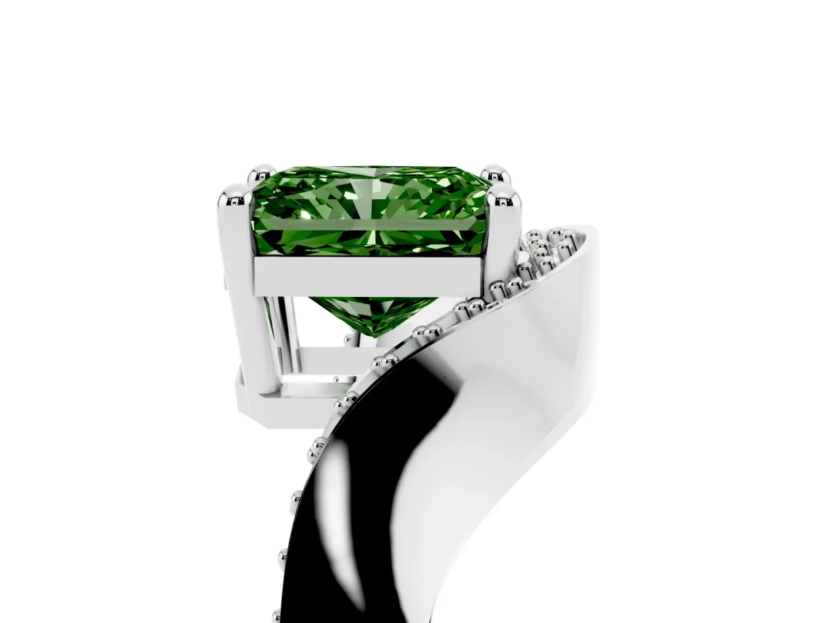 Fancy Green Radiant Cut Solitaire Diamond Engagement Ring with Pave Band and Four-Prong Setting Platinum