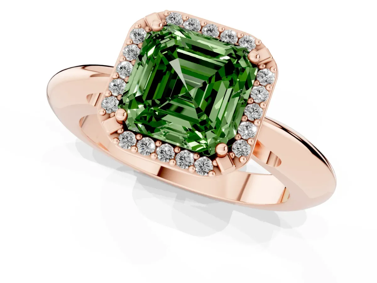 Fancy Green Asscher Cut Cut Diamond Halo Engagement Ring with Split Shank and Four-Prong Setting Rose gold