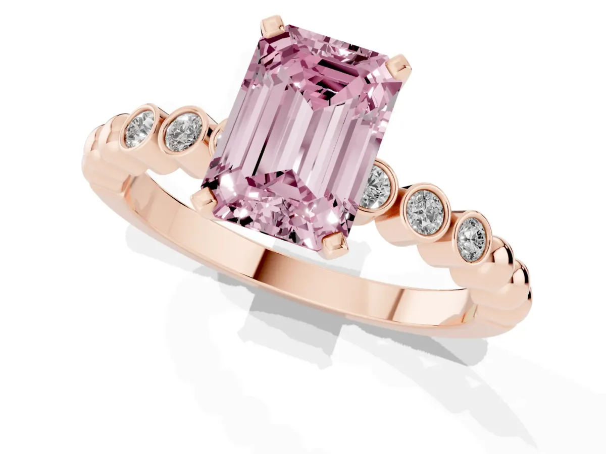 Fancy Pink Emerald Cut Solitaire Bezel Accent Diamond Engagement Ring with Beaded Band and Four-Prong Setting Rose gold
