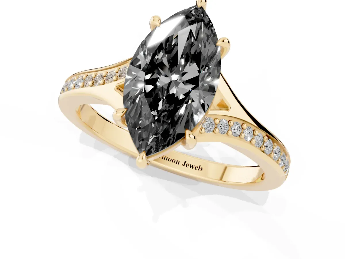 Fancy Black Marquise Cut Diamond Solitaire Ring with Pavé Band and Prong Setting Yellow gold