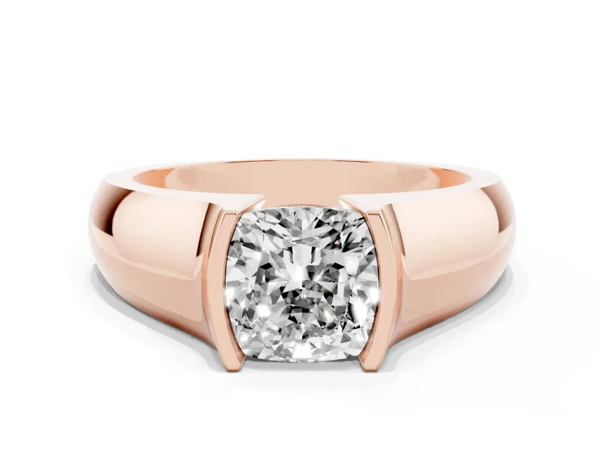 Cushion Cut Solitaire Bezel Set Diamond Ring with Wide Band Rose gold