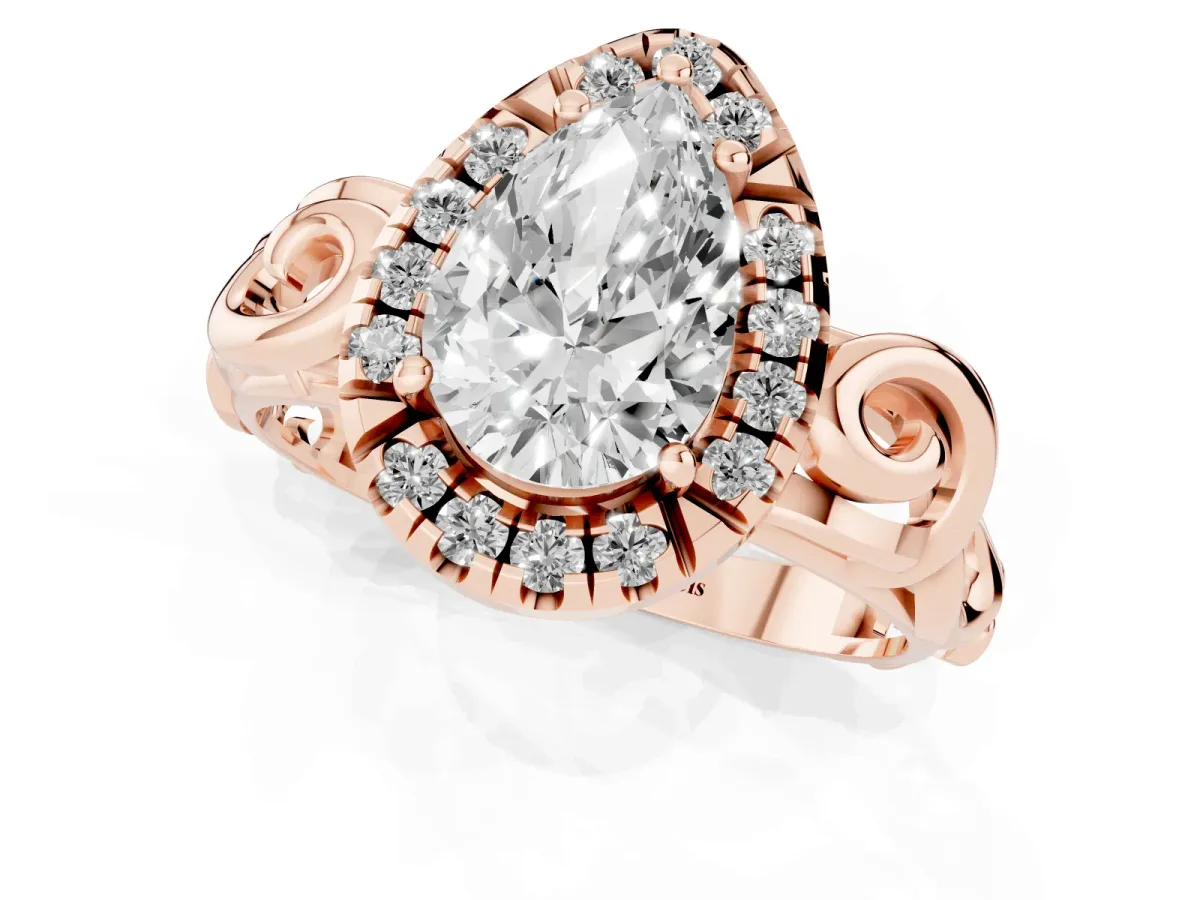 Pear Cut Cut Halo Diamond Ring with Scrollwork Band and Four-Prong Setting Rose gold