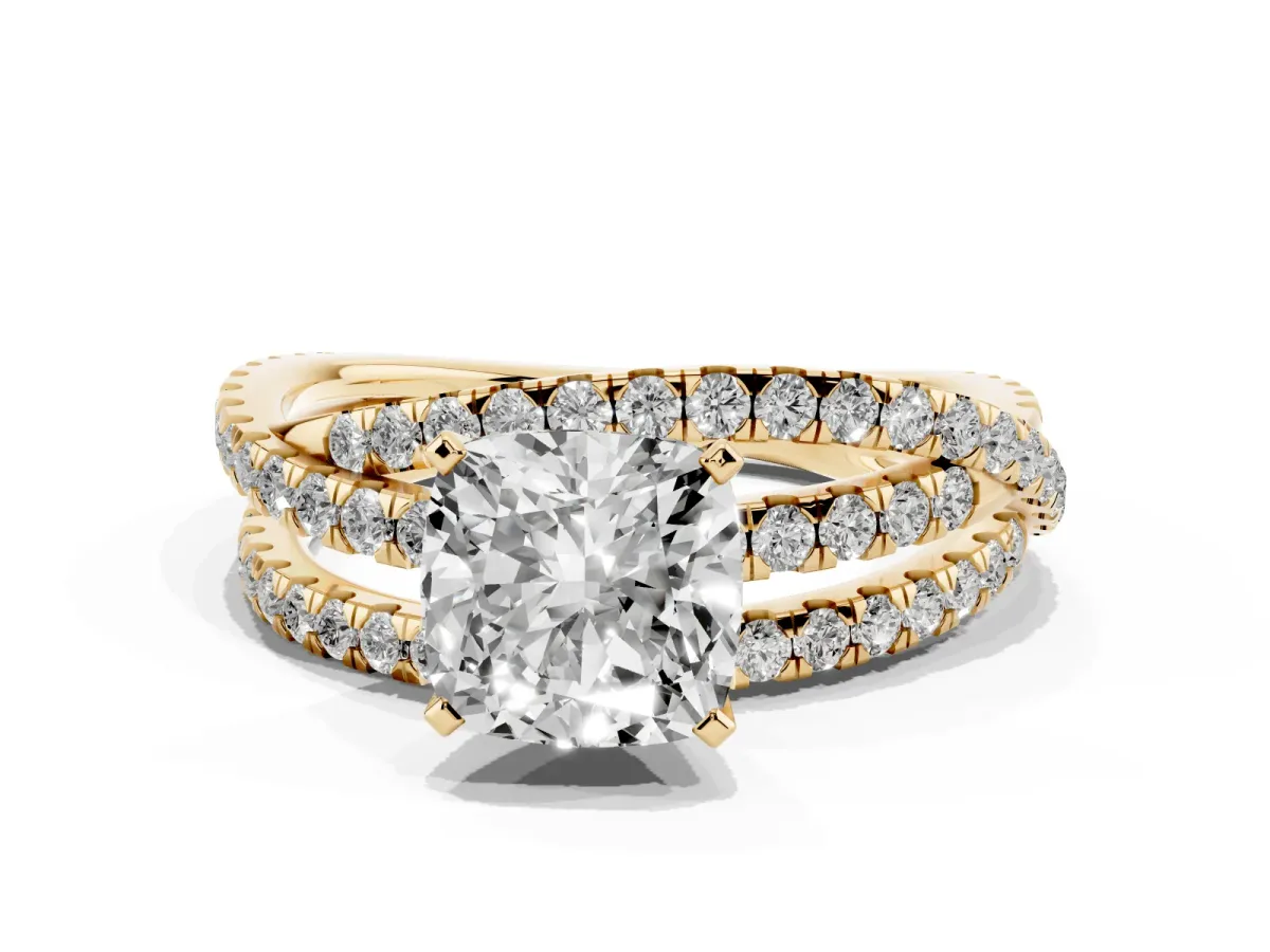 Cushion Cut Solitaire Twist Band with Pavé Setting and Four-Prong Setting Yellow gold