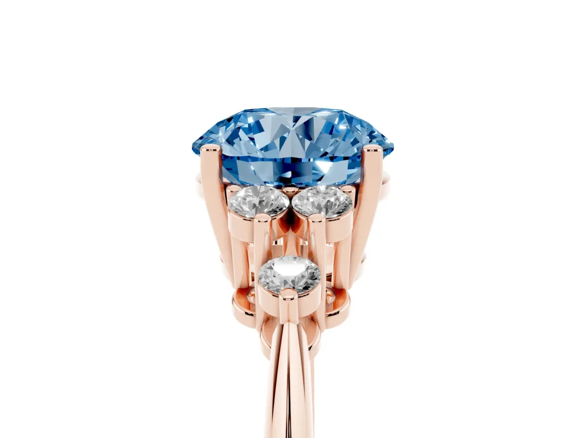 Fancy Blue Round Cut Cut Diamond Cluster Ring with Solitaire Band and Four-Prong Setting Rose gold