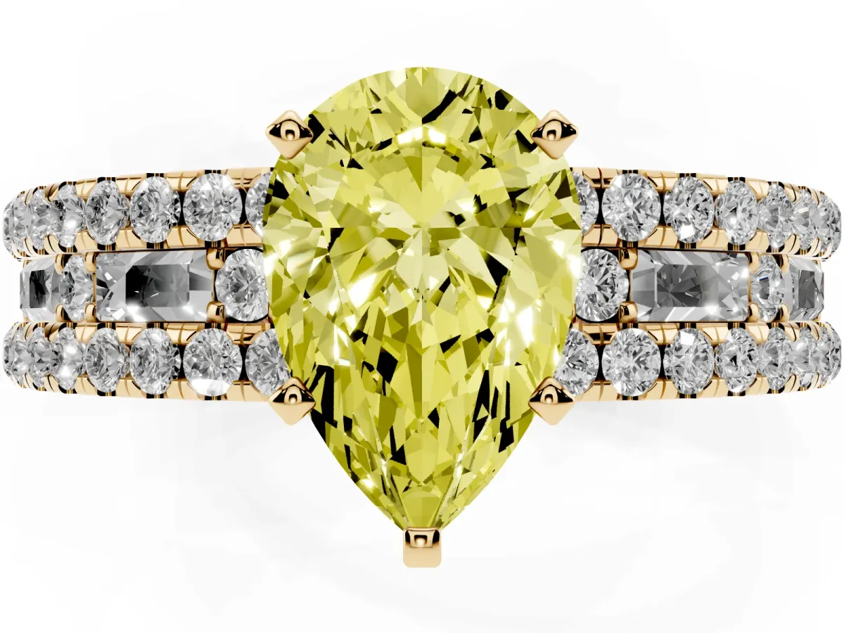 Fancy Yellow Pear Cut Diamond Solitaire Ring with Pavé and Channel Set Band Yellow gold