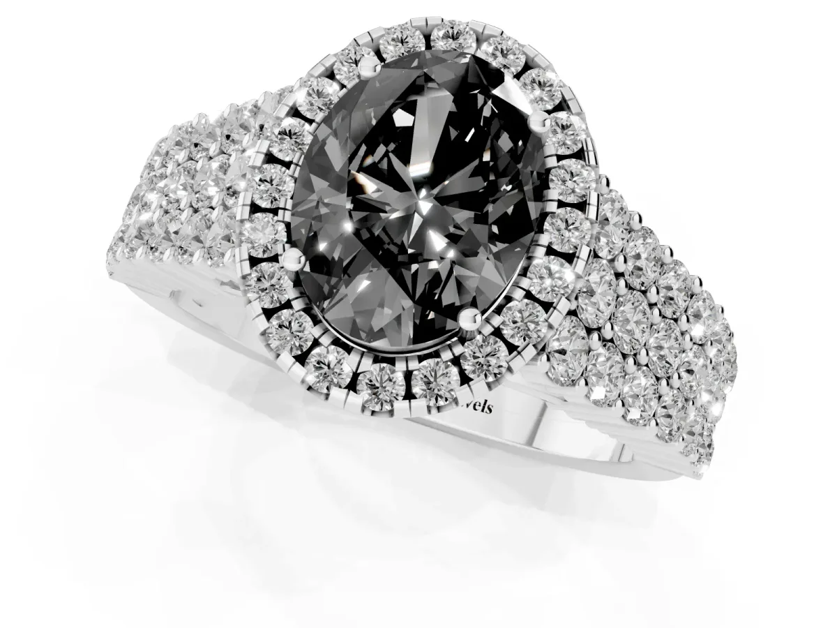Fancy Black Oval Cut Diamond Halo Engagement Ring with Triple Row Round Pavé Band and Prong Setting Silver