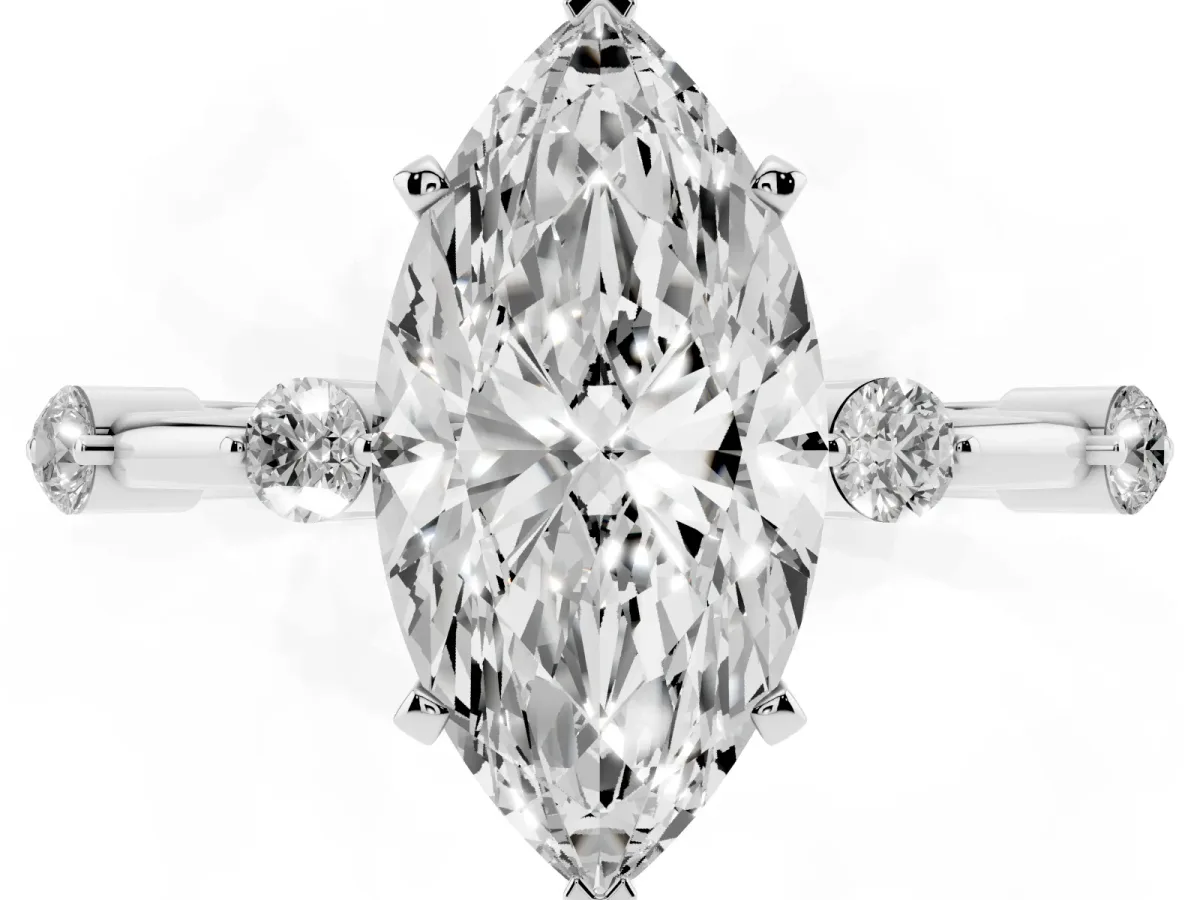 Marquise Cut Solitaire Diamond Ring with Bezel Set Side Stones and Prong Setting Silver