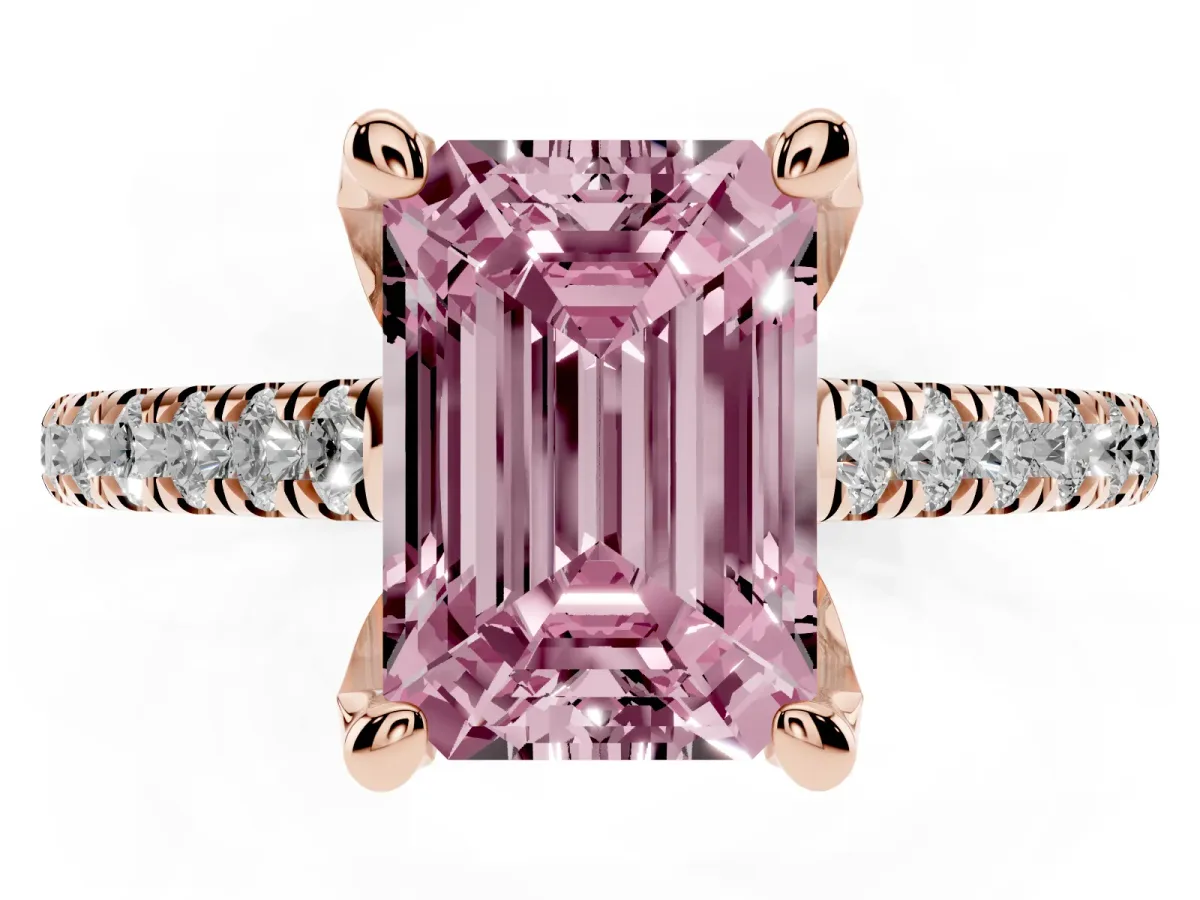 Fancy Pink Emerald Cut Brilliant Diamond Solitaire with Pavé Band and Four-Prong Setting Rose gold