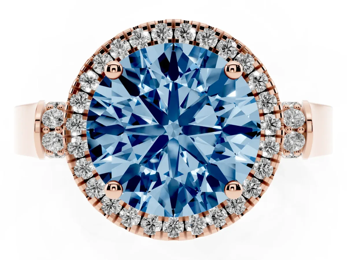 Fancy Blue Round Cut Halo Pave Split Shank Prong Setting Ring Rose gold