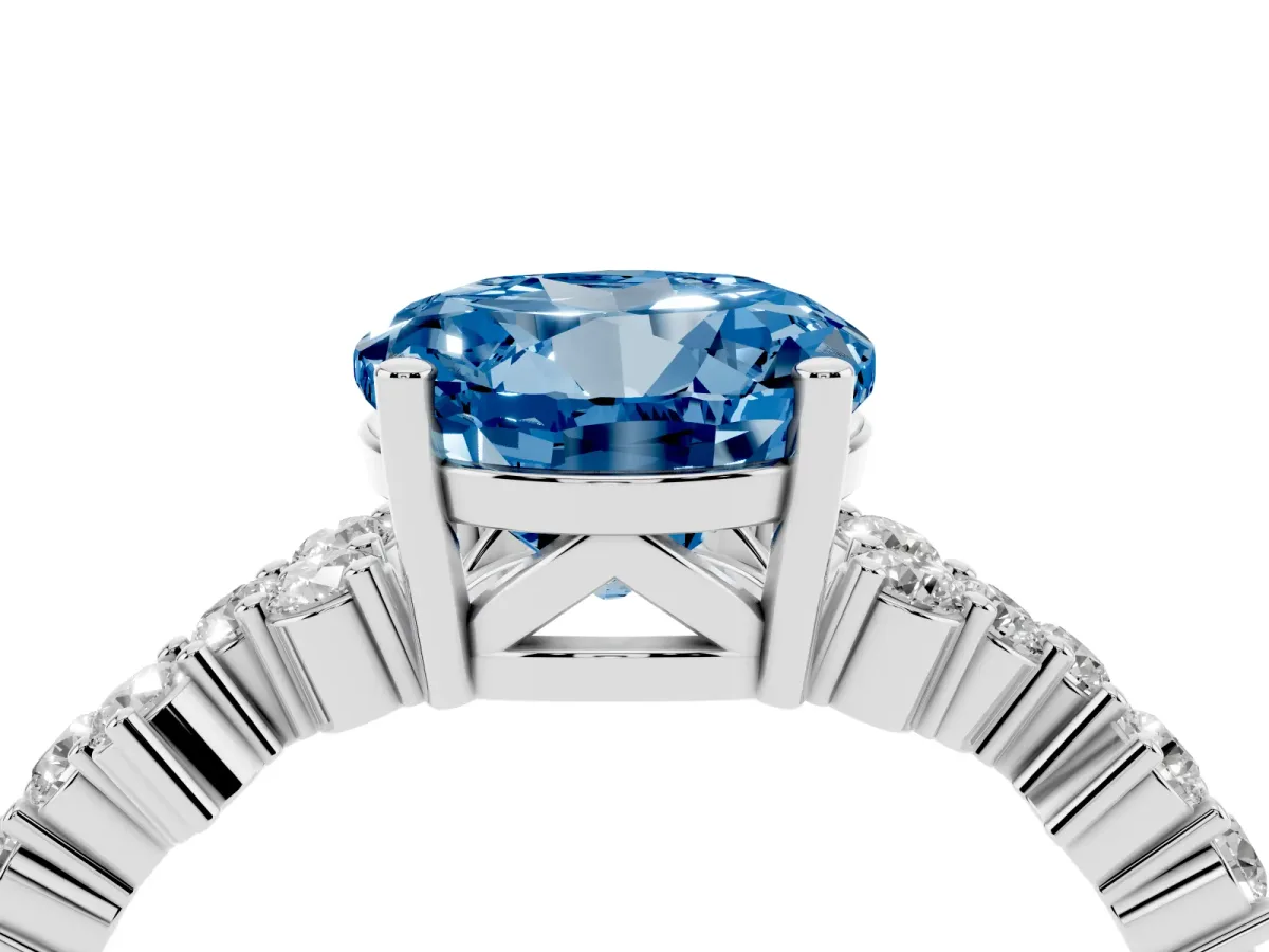 Fancy Blue Round Cut Diamond Scattered Round Accent Ring with Prong Setting Silver