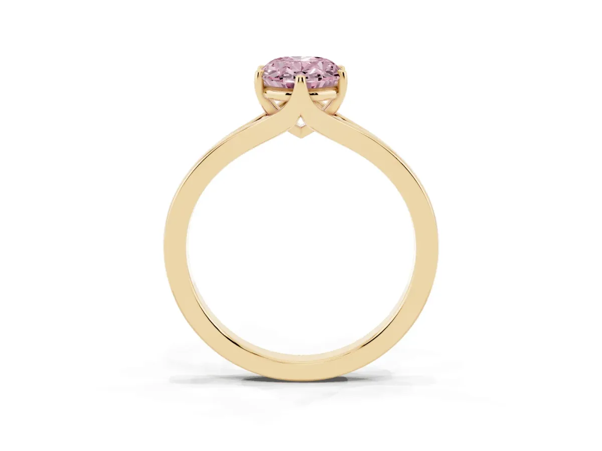 Fancy Pink Oval Cut Solitaire Diamond Ring with Six-Prong Setting and Tapered Band Yellow gold