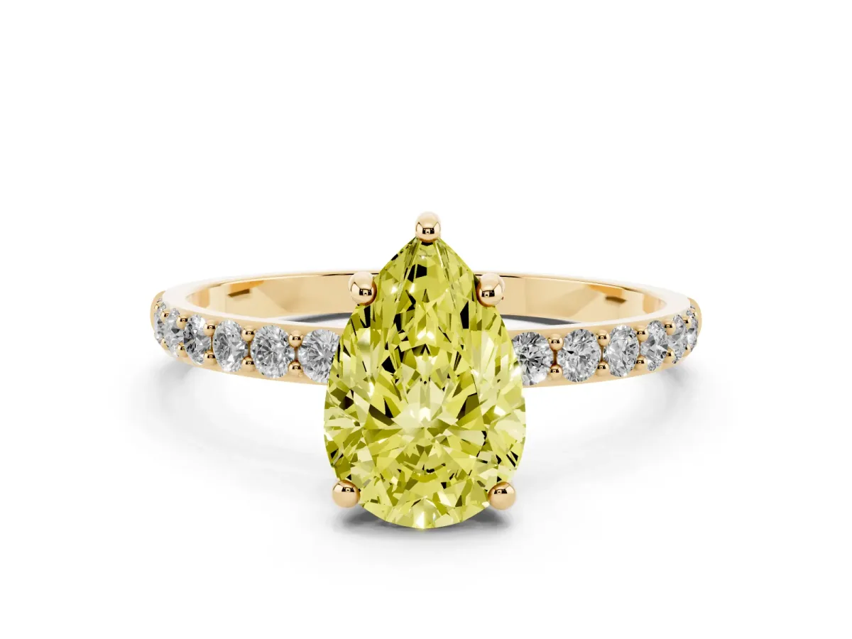 Fancy Yellow Pear Cut Diamond Solitaire Ring with Round Pavé Band and Prong Setting Yellow gold