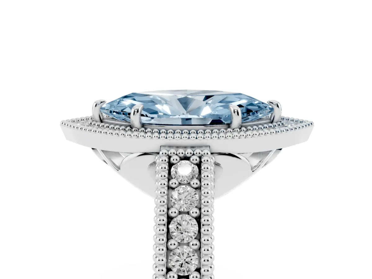 Fancy Blue Marquise Cut Cut Halo Diamond Ring with Pavé Band and Four-Prong Setting White gold