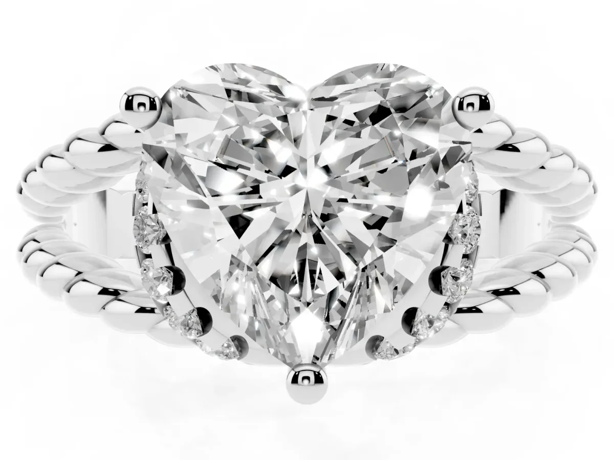 Heart Cut Halo Twisted Band Four-Prong Ring Silver