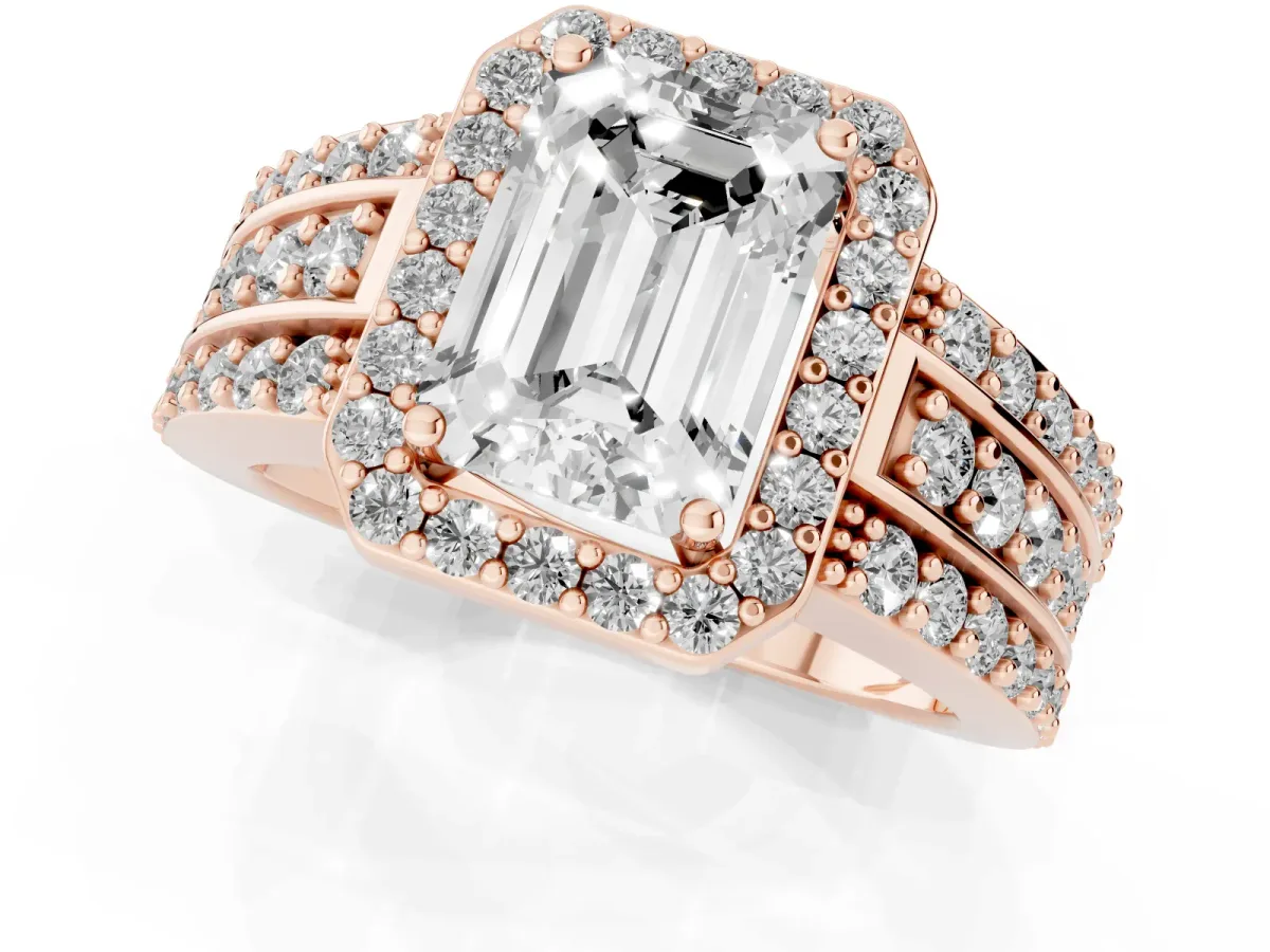 Emerald Cut Halo Diamond Ring with Round Split Shank and Prong Setting Rose gold