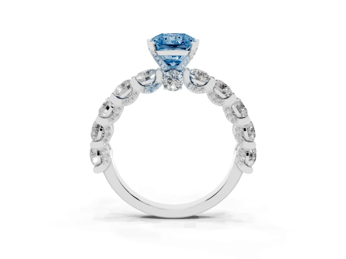 Fancy Blue Radiant Cut Diamond Side Stone Engagement Ring with Four-Prong Setting White gold