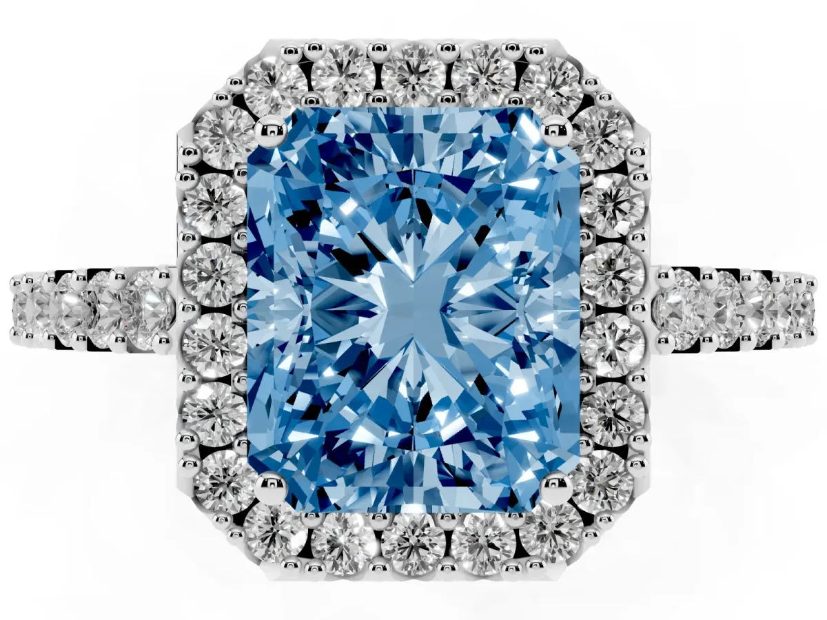 Fancy Blue Radiant Cut Halo Diamond Pavé Solitaire Ring Silver