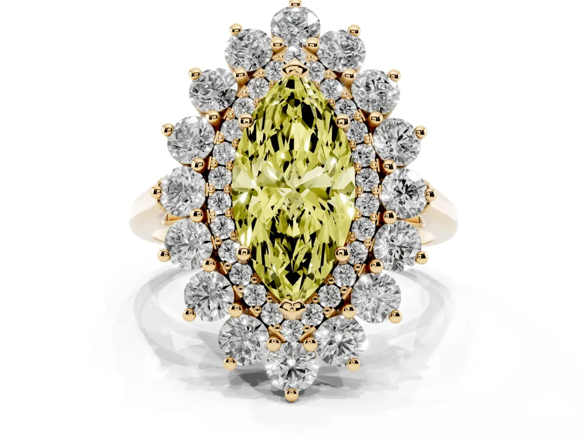 Fancy Yellow Marquise Cut Diamond Floral Double Halo Engagement Ring with Prong Setting Yellow gold