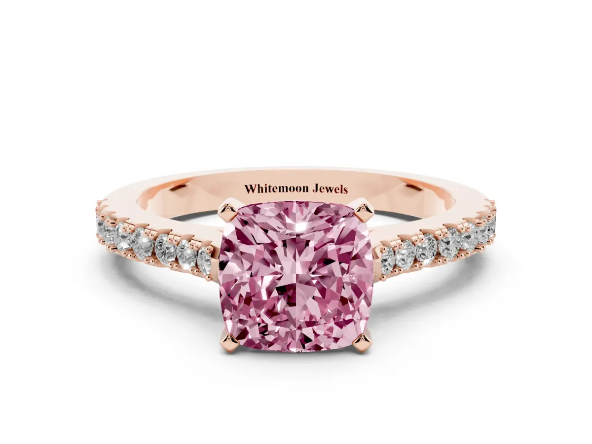 Fancy Pink Cushion Cut Cut Solitaire Diamond Engagement Ring with Pave Band and Four-Prong Setting Rose gold