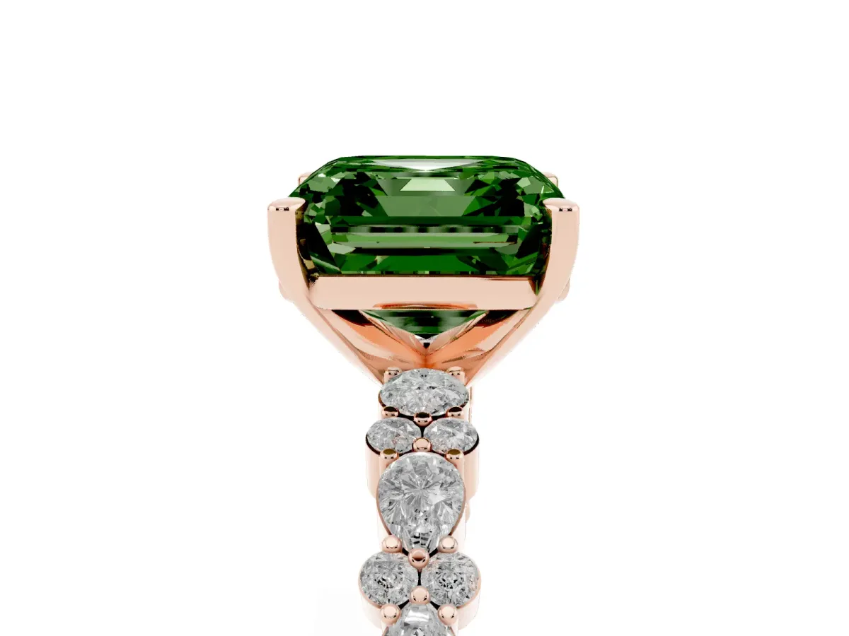 Fancy Green Asscher Cut Diamond Side Stone Solitaire Ring with Round and Four-Prong Setting Rose gold