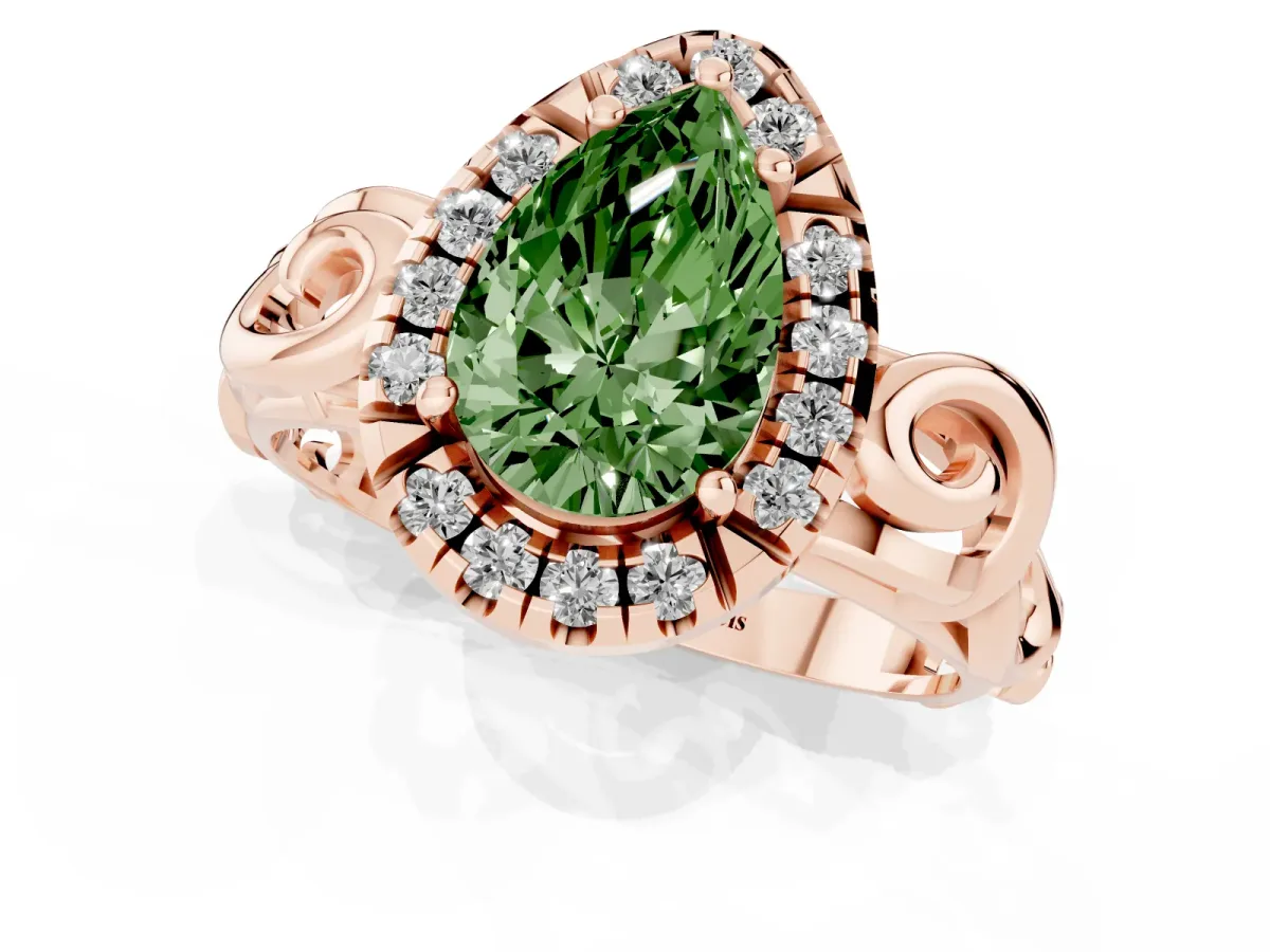 Fancy Green Pear Cut Cut Halo Diamond Ring with Scrollwork Band and Four-Prong Setting Rose gold