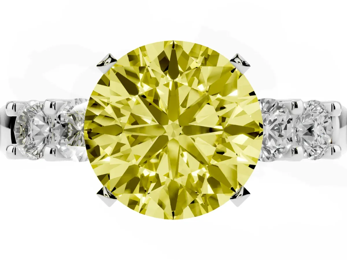 Fancy Yellow Round Cut Brilliant Cut Diamond Five-Stone Prong Set Engagement Ring with Channel Band Silver