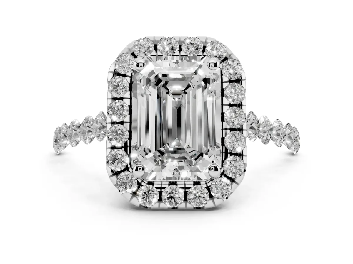 Emerald Cut Halo Pavé Diamond Engagement Ring with Four-Prong Setting Silver