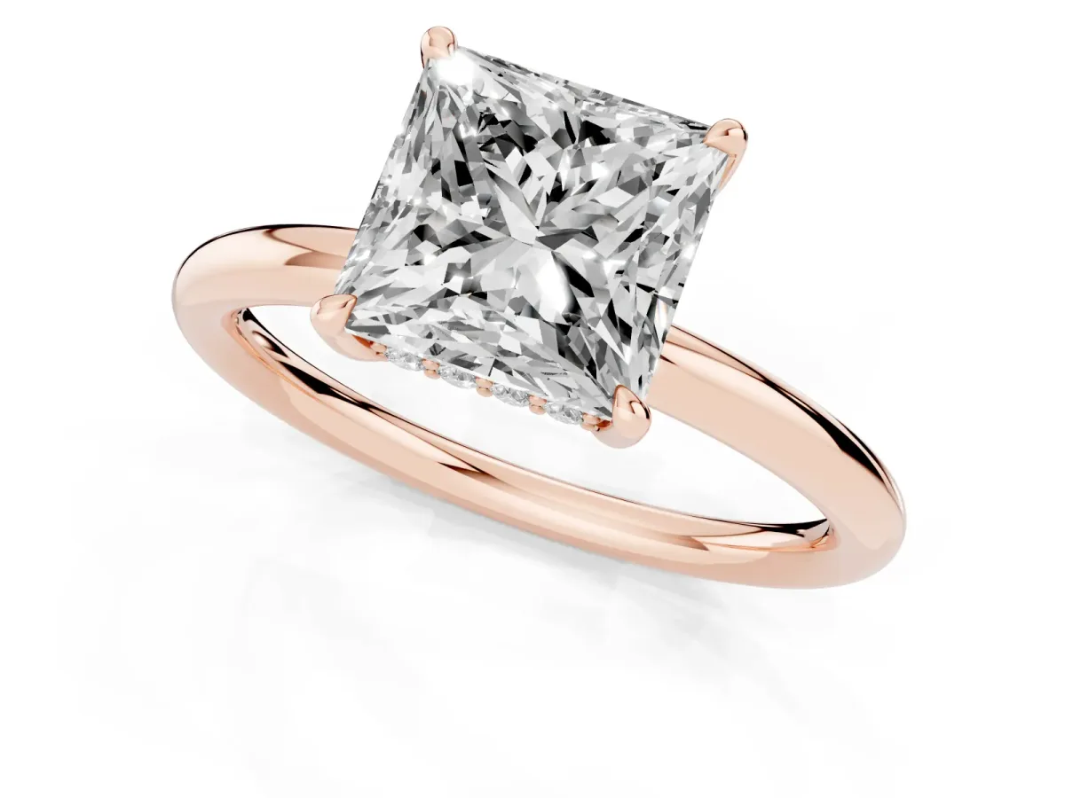 Princess Cut Diamond Solitaire Ring with Thin Band and Four-Prong Setting Rose gold