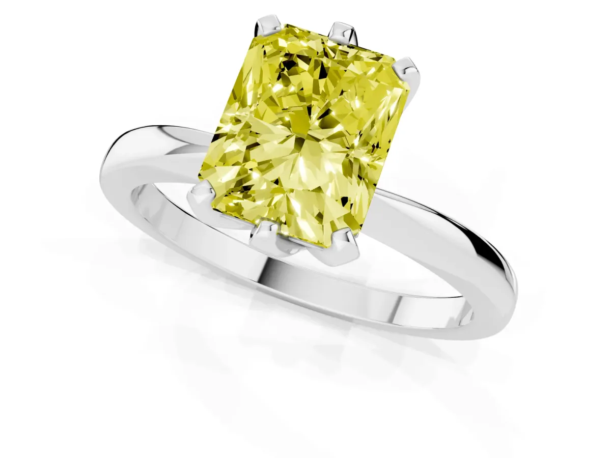 Fancy Yellow Radiant Cut Solitaire Engagement Ring with Six-Prong Setting and Tapered Band White gold