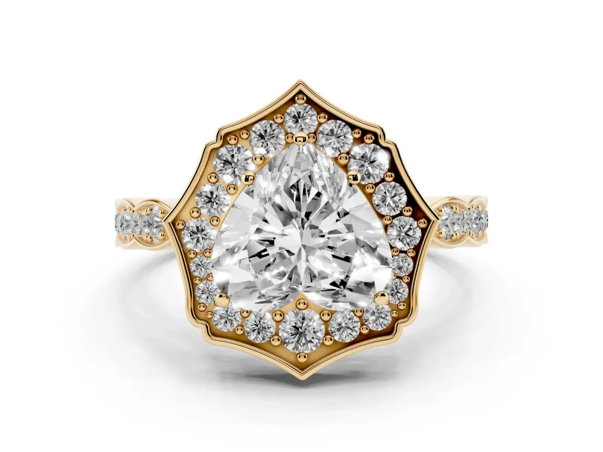 Heart Cut Halo Diamond Engagement Ring with Milgrain Band and Four-Prong Setting Yellow gold
