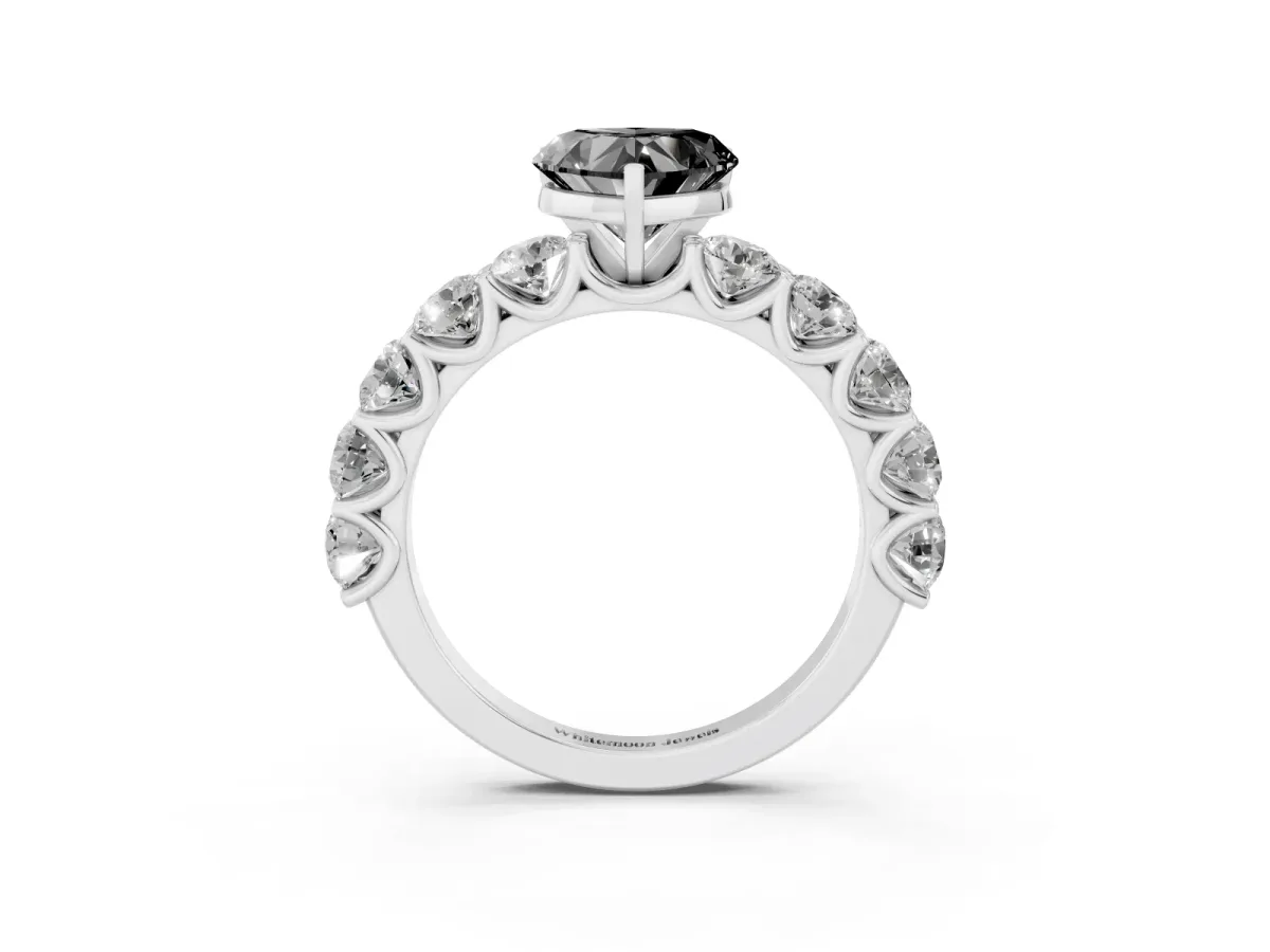 Fancy Black Heart Cut Diamond Prong Setting with Side Stones on a Pave Band Silver