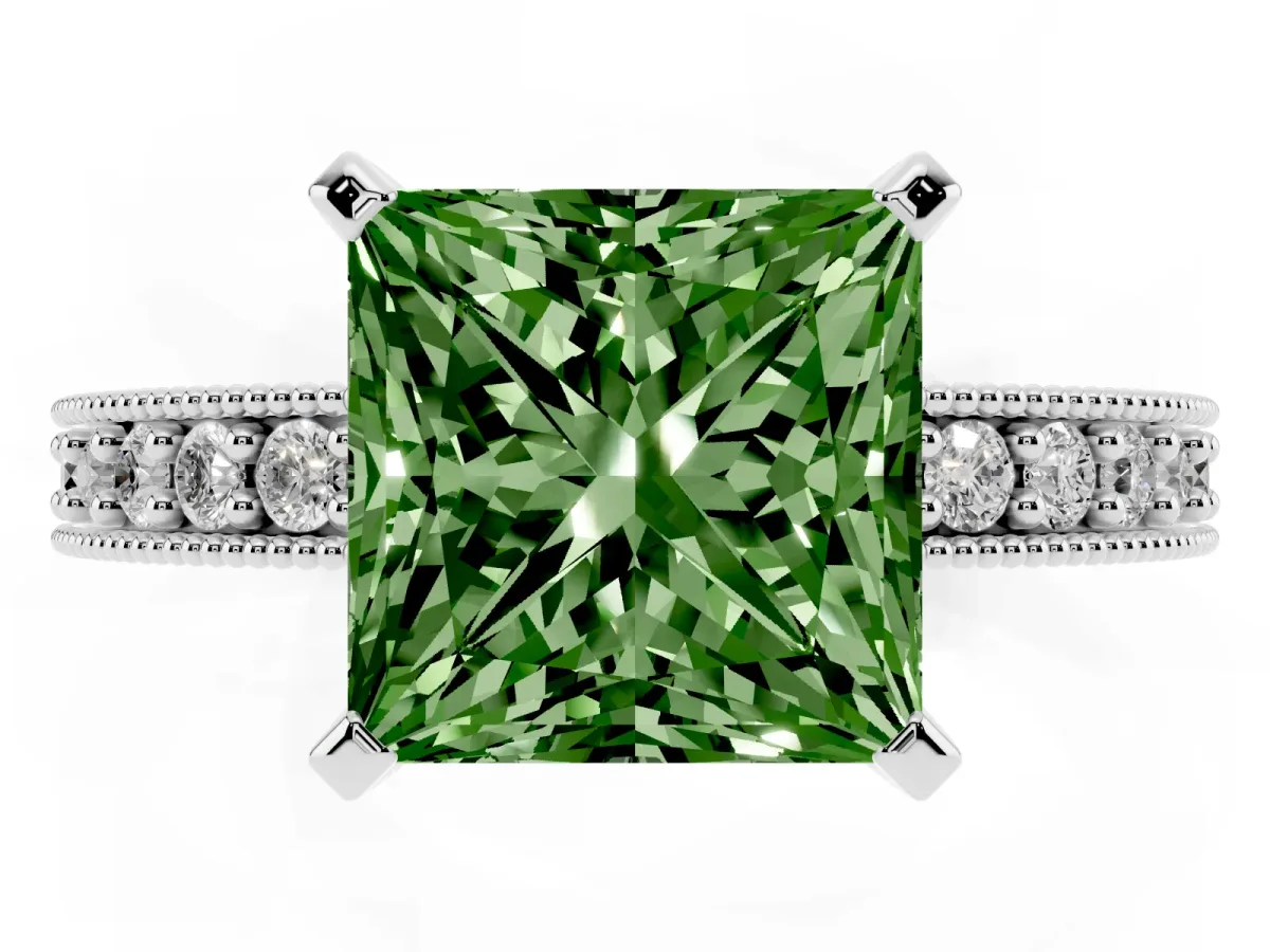 Fancy Green Princess Cut Diamond Milgrain Pavé Engagement Ring with Four-Prong Setting Silver