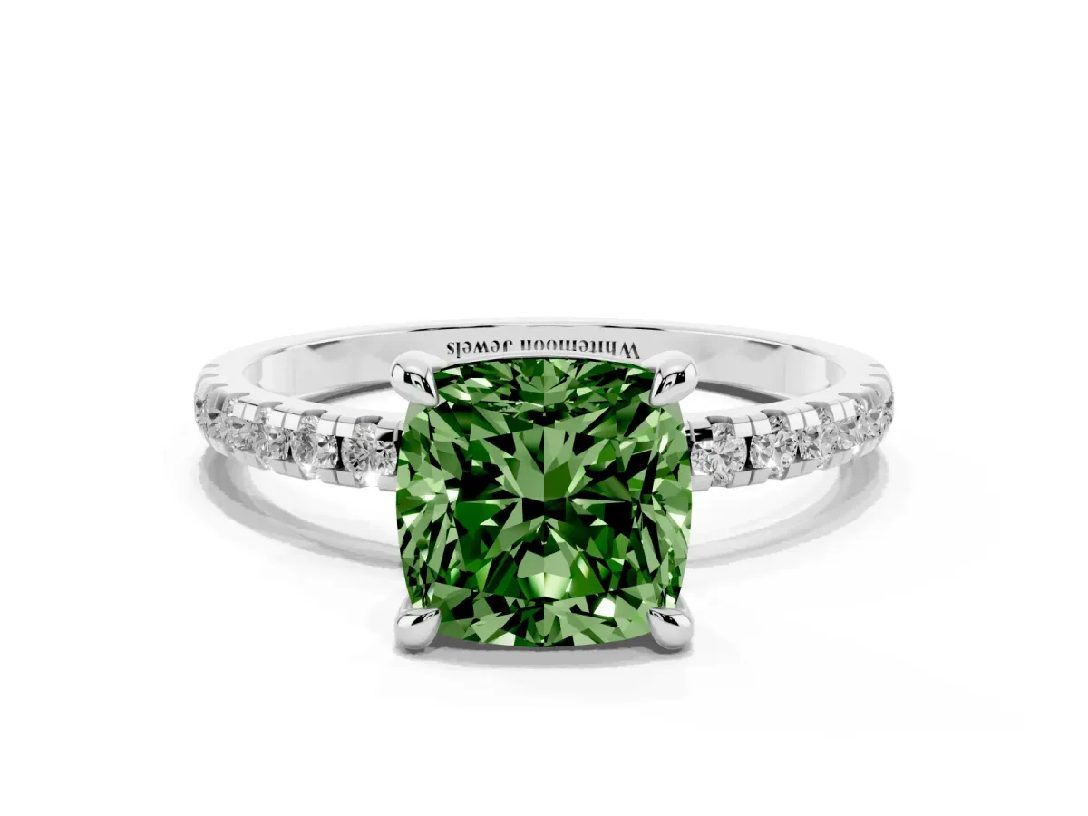 Fancy Green Cushion Cut Diamond Brilliant Solitaire Ring with Pavé Band and Four-Prong Setting Platinum