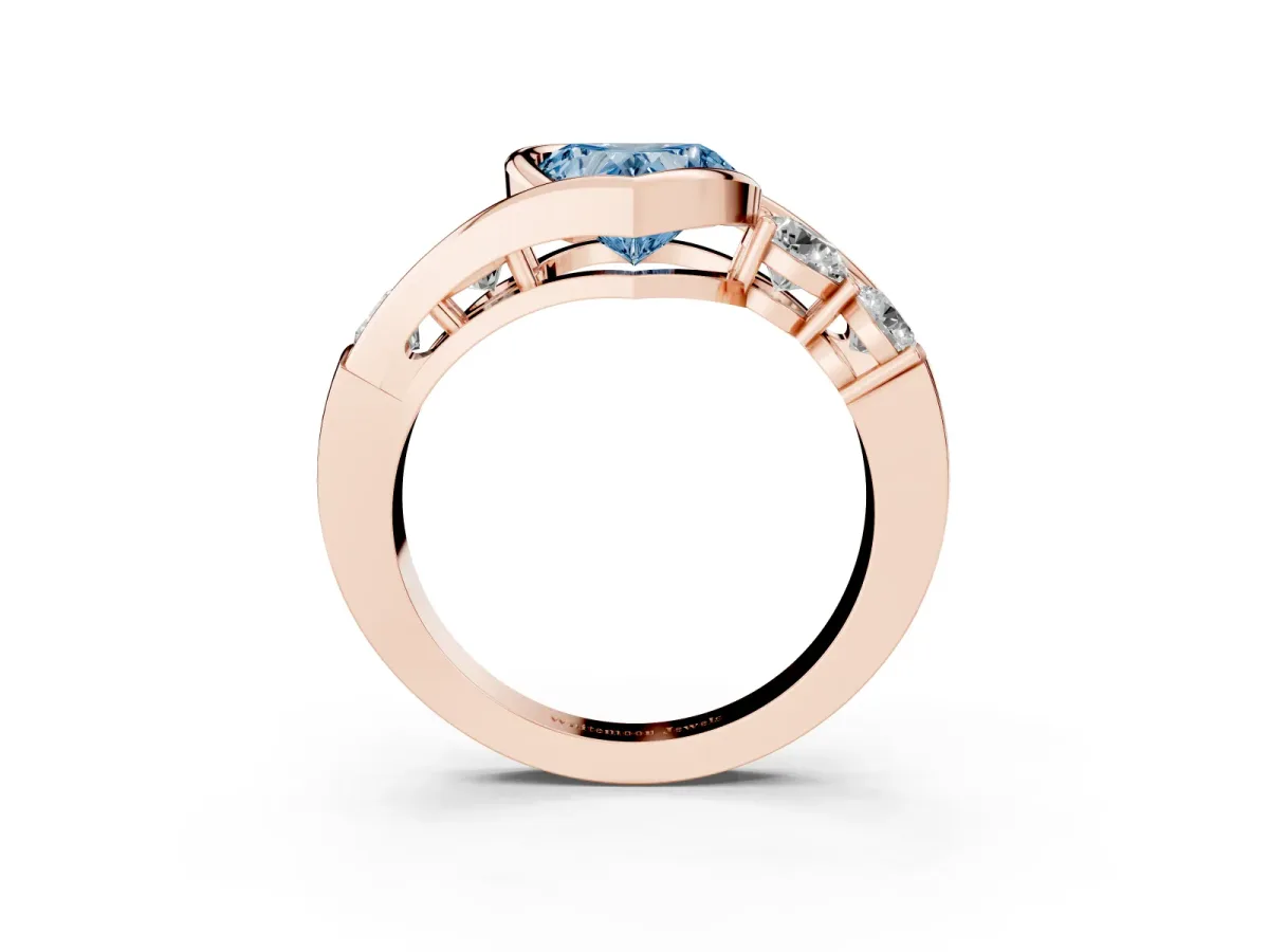 Fancy Blue Bezel Set Heart Cut Diamond Bypass Ring with Round Accents Rose gold