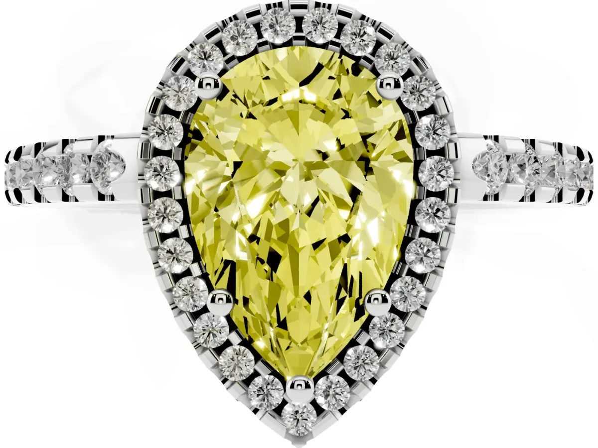 Fancy Yellow Pear Cut Diamond Halo Engagement Ring with Pavé Band and Prong Setting White gold