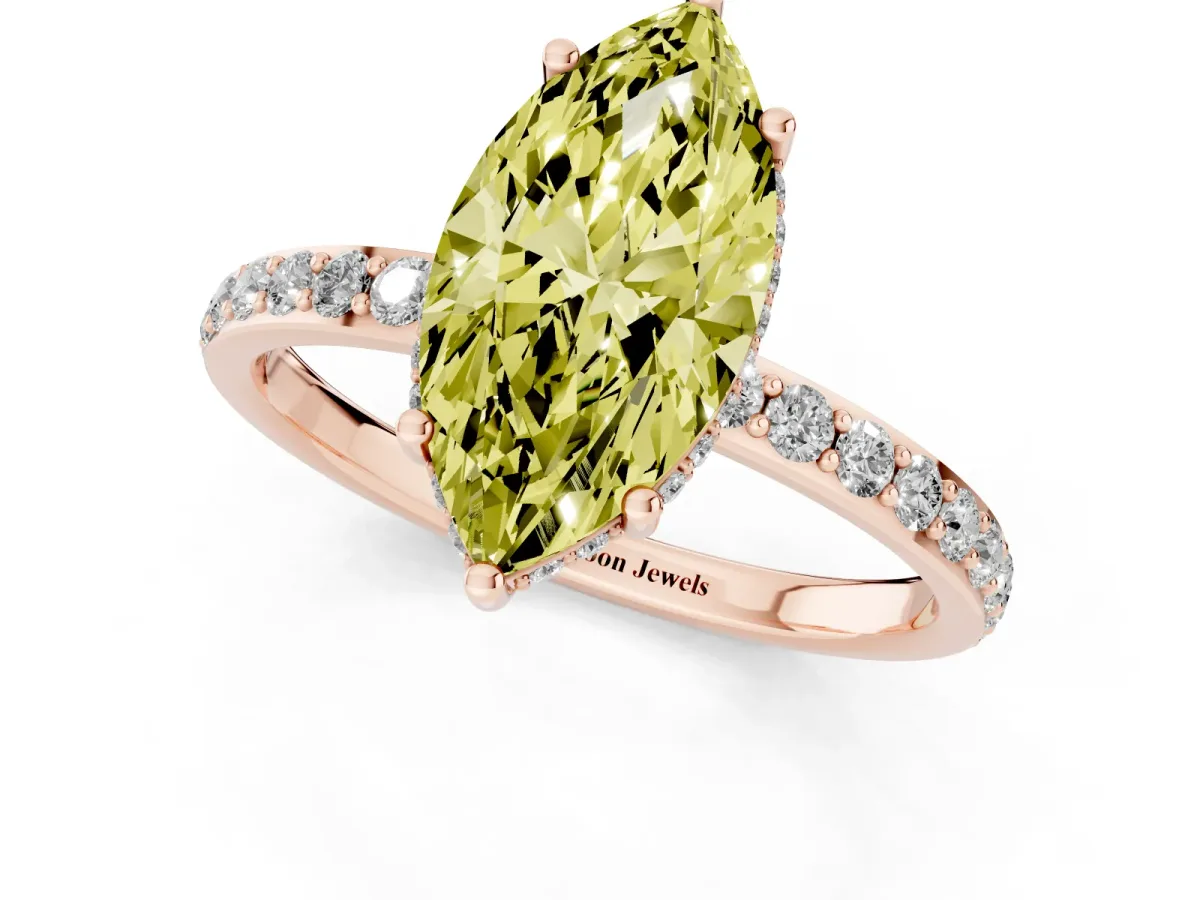 Fancy Yellow Marquise Cut Diamond Solitaire Ring with Pavé Band and Hidden Halo Rose gold