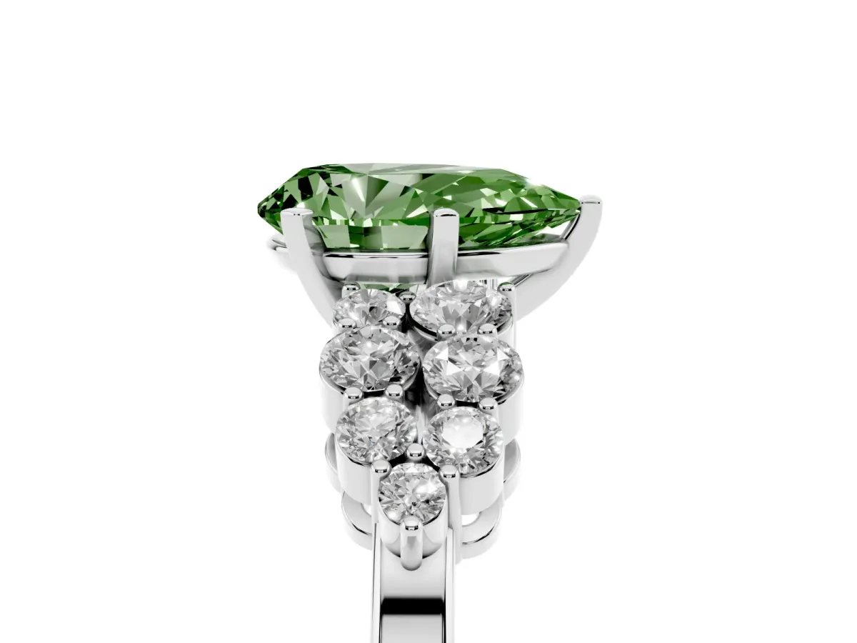 Fancy Green Pear Cut Cluster Diamond Engagement Ring with Pavé Band and Four-Prong Setting White gold