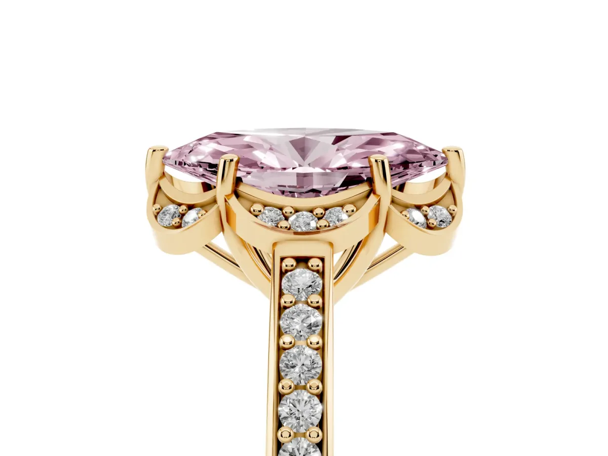 Fancy Pink Marquise Cut Cut Halo Diamond Ring with Channel Set Band and Four-Prong Setting Yellow gold