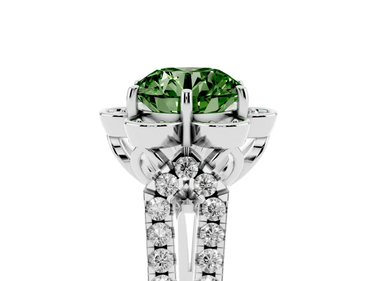 Fancy Green Round Cut Halo Diamond Floral Split Shank Engagement Ring Silver