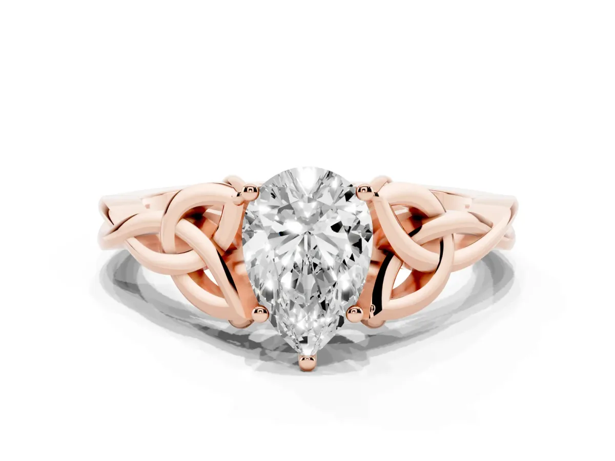 Pear Cut Diamond Solitaire Engagement Ring with Celtic Knot Band and Four-Prong Setting Rose gold